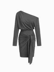 Asymmetrical Neck Long Sleeve Tie Front Midi Dress