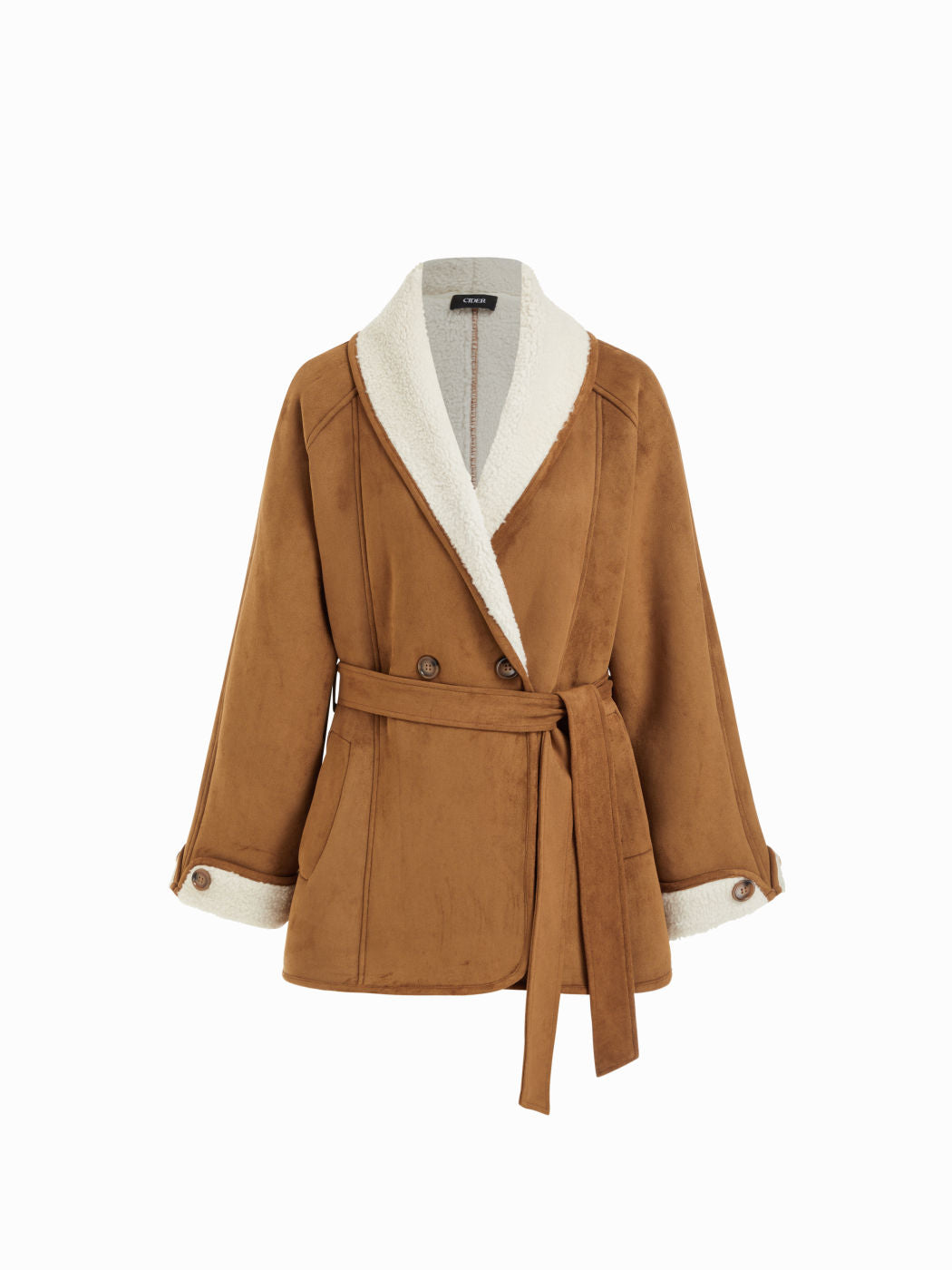 Faux Shearling Collar Oversized Jacket With Belt
