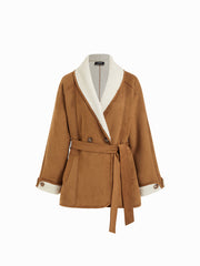 Faux Shearling Collar Oversized Jacket With Belt