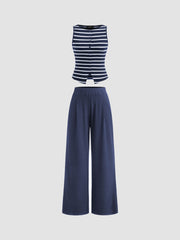 Striped Round Neckline Split Tank Top & Mid Rise Straight Leg Trousers Set