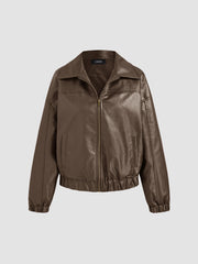 Faux Leather Collar Solid Pocket Zipper Bomber Jacket