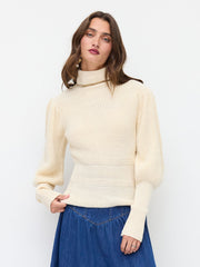 Knit High Neck Lantern Long Sleeve Cinched Waist Top
