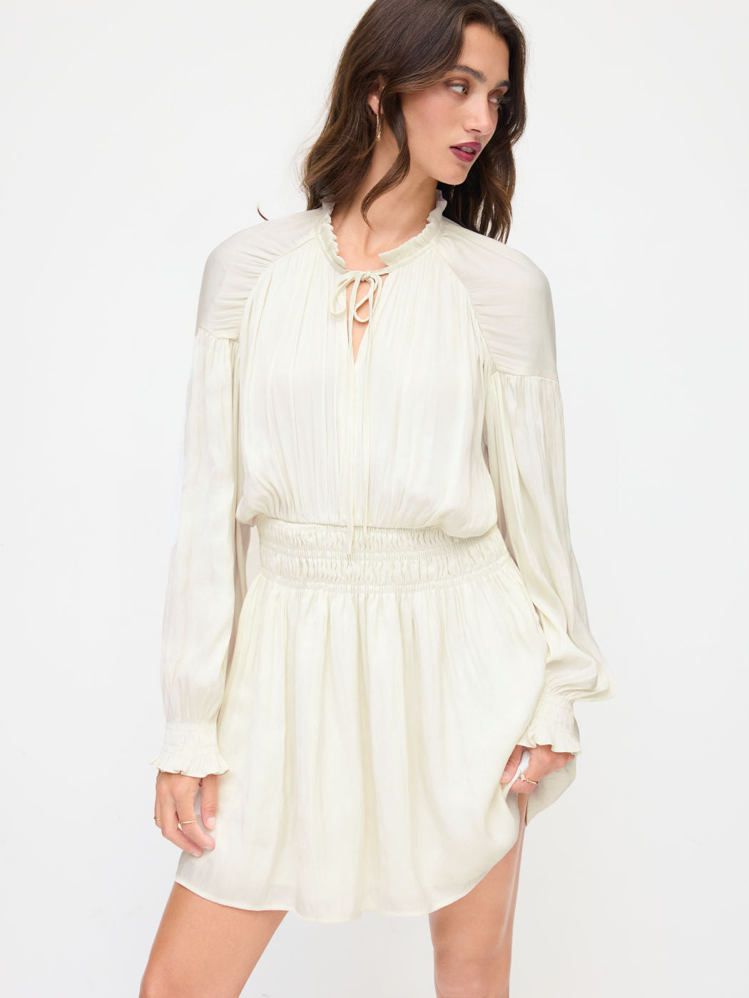 Stand Collar Lettuce Trim Ruffle Shirred Lantern Sleeve Mini Dress