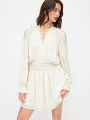 Stand Collar Lettuce Trim Ruffle Shirred Lantern Sleeve Mini Dress