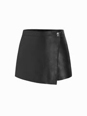 Faux Leather Mid Rise Asymmetrical Wrap Mini Skort
