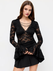 Lace V-neck Chain Detail Bell Sleeve Blouse