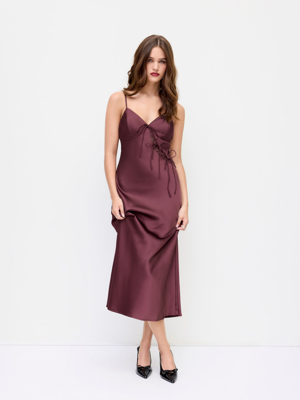 Satin V-neck Lace Tie Front Slip Maxi Dress