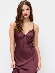 Satin V-neck Lace Tie Front Slip Maxi Dress