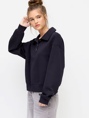 Collar Long Sleeve Metal Button Oversized Sweatshirt