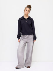 Collar Long Sleeve Metal Button Oversized Sweatshirt