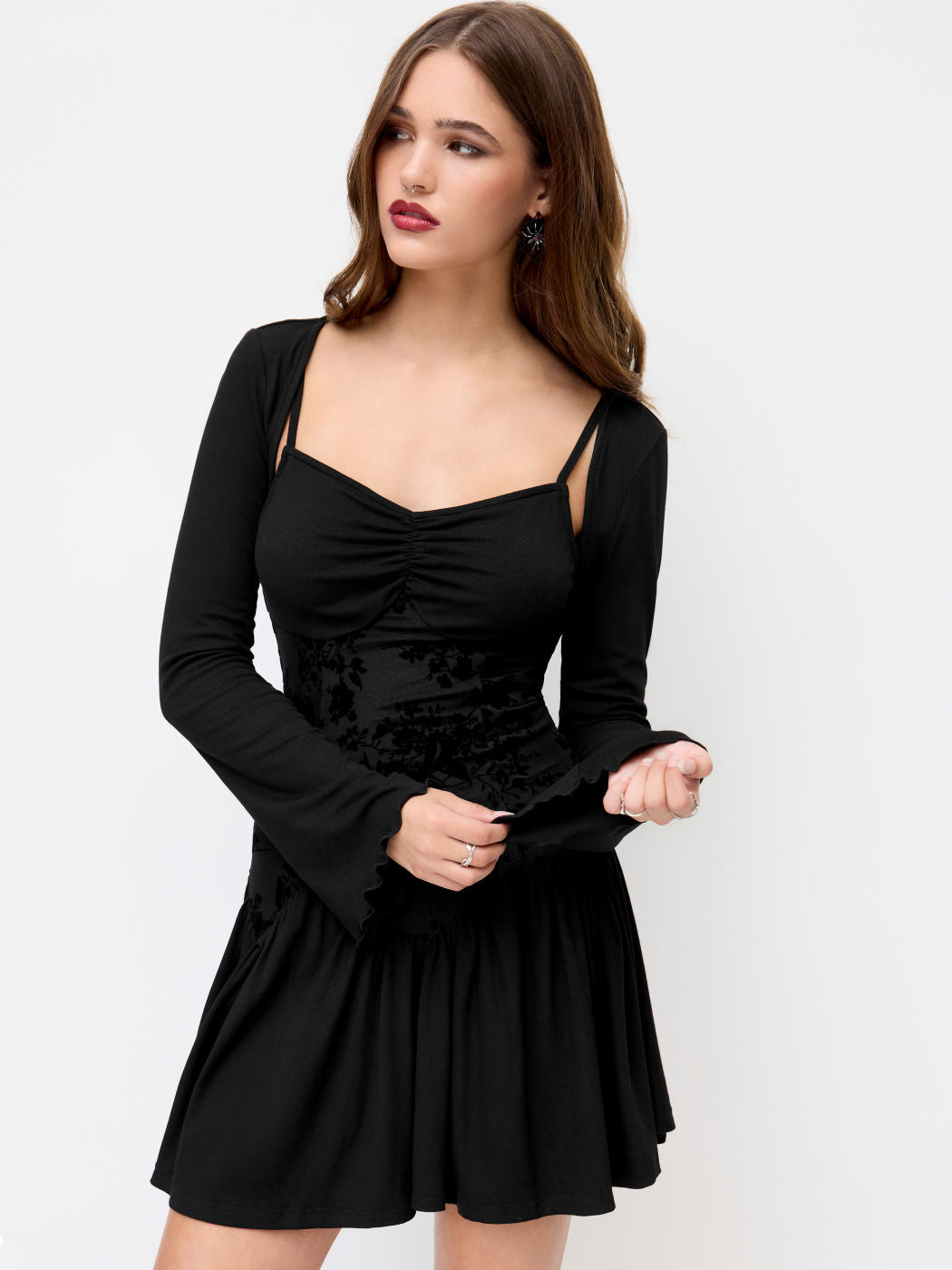 Square Neck Ruched Ruffle Hem Cami Mini Dress With Shrug