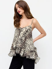 Chiffon Leopard Print V-neck Ruffle Hem knotted Layered Cami Top