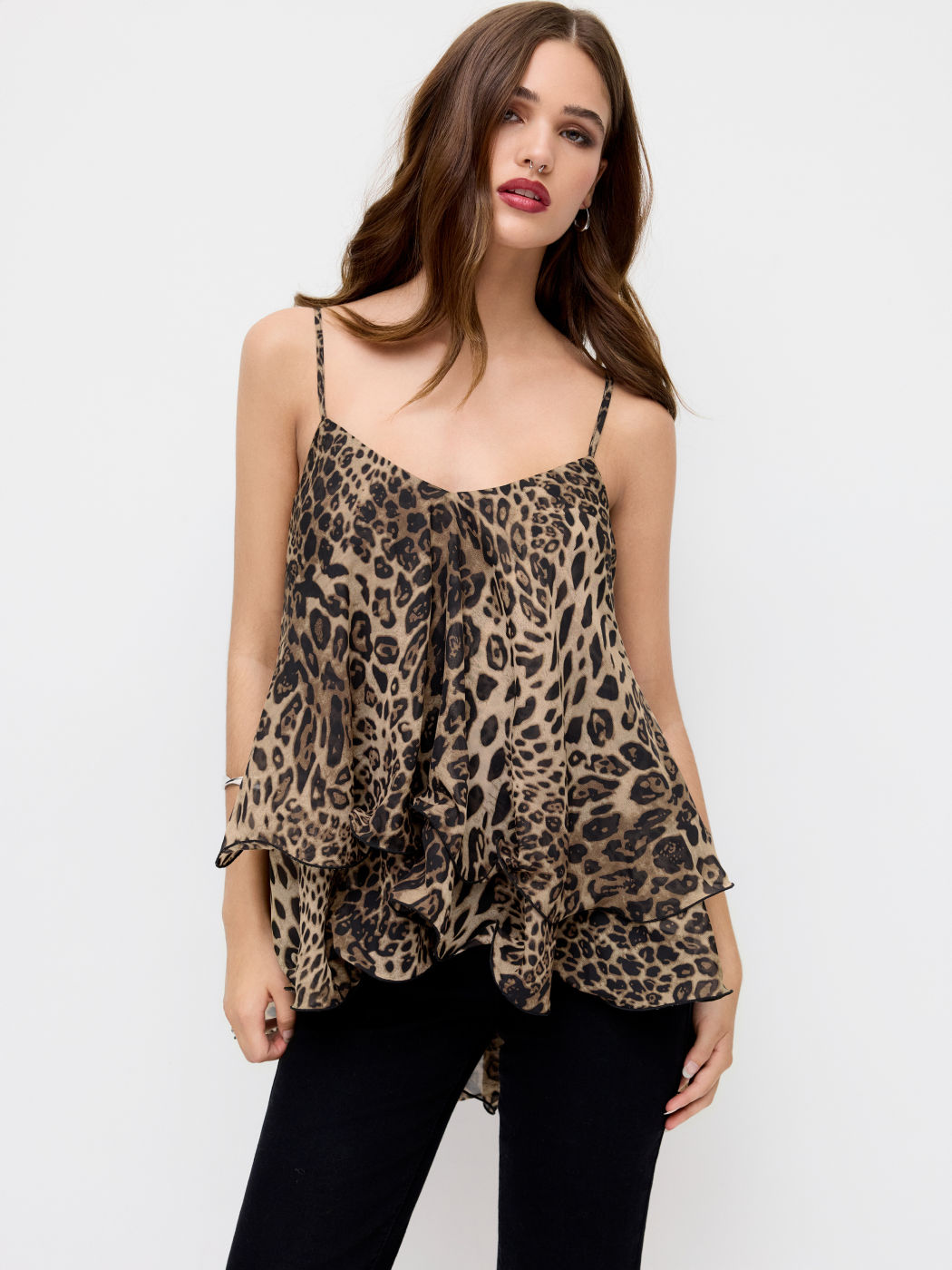 Chiffon Leopard Print V-neck Ruffle Hem knotted Layered Cami Top