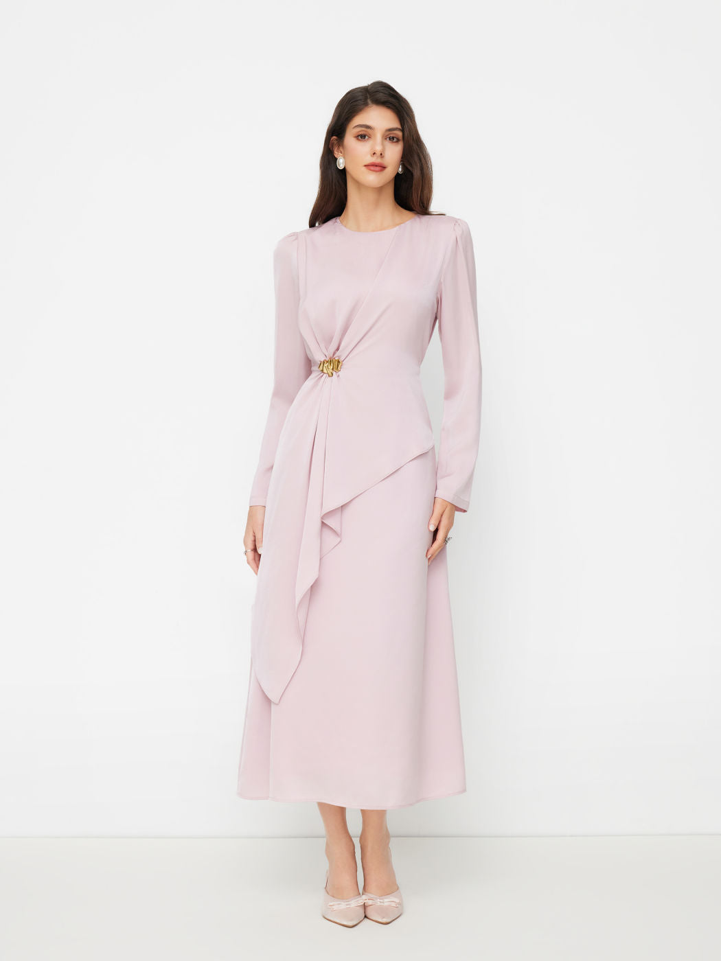 Round Neckline Ruched Metal Detail Knotted Maxi Dress
