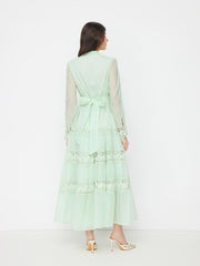 Stand Collar Embroidery Hollow Out Tie Back Knotted Lantern Sleeve Maxi Dress