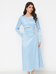 Satin Round Neckline Ruched Lace Up Maxi Dress