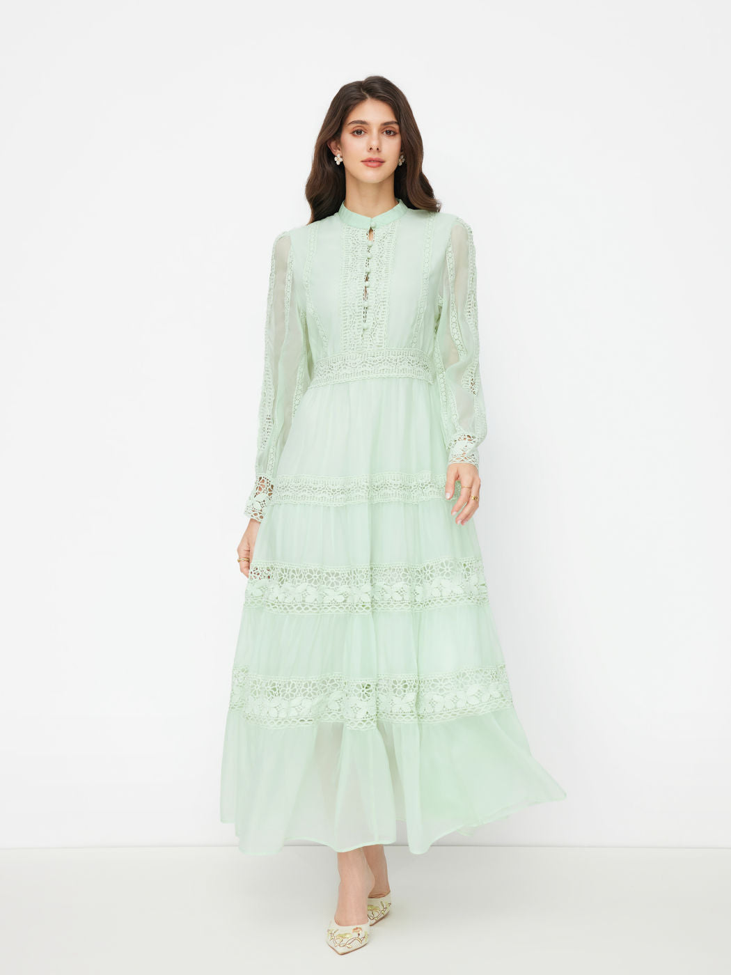 Stand Collar Embroidery Hollow Out Tie Back Knotted Lantern Sleeve Maxi Dress