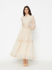 Chiffon High Neck Contrasting Lace Cinched Waist A-line Maxi Dress