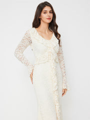 Lace V-neck Floral Ruffle Bell Sleeve Maxi Dress