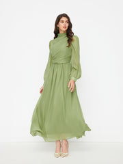 Solid Ruched Puff Sleeve Maxi Dress