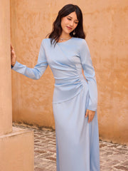 Satin Round Neckline Ruched Lace Up Maxi Dress