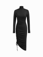 High Neck Ruched Drawstring Maxi Dress