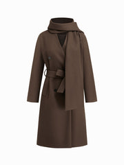 Wool-Look V-neck Double Breasted Longline Coat With Belt & Scarf