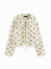 Fleece Peter Pan Collar Bowknot Embroidery Tie Front Oversized Jacket