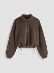 Fleece High Neck Drawstring Zipper Oversized Sweatshirt Curve & Plus