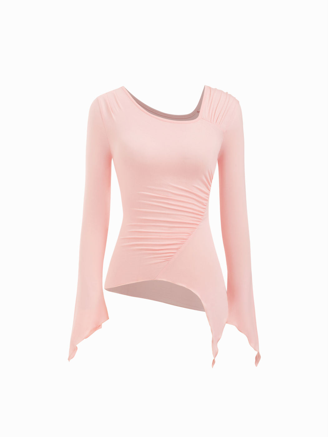 Asymmetrical Neck Ruched Lettuce Trim Top