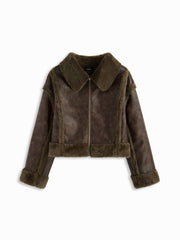 Faux Shearling Collar Zipper Oversized Jacket Curve & Plus