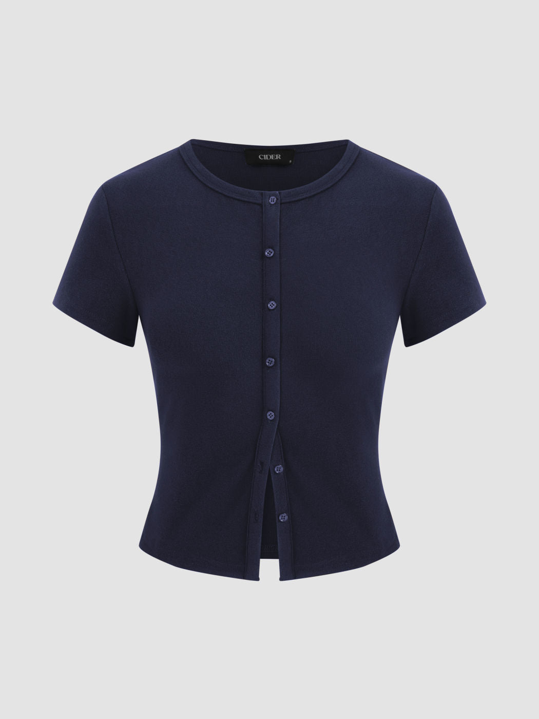 Round Neckline Solid Button Short Sleeve Top
