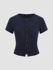 Round Neckline Solid Button Short Sleeve Top
