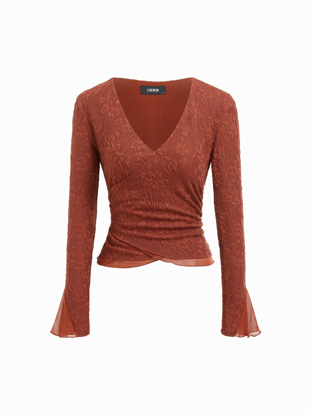 Jacquard Floral V-neck Bell Sleeve Wrap Ruched Top