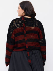 Knit Stripe Hollow Out Crop Top  With Scarf Curve & Plus