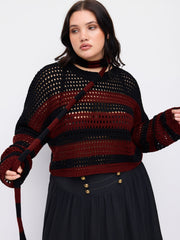 Knit Stripe Hollow Out Crop Top  With Scarf Curve & Plus