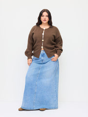 Knit Round Neckline Lantern Long Sleeve Metal Button Top Curve & Plus