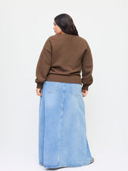Knit Round Neckline Lantern Long Sleeve Metal Button Top Curve & Plus