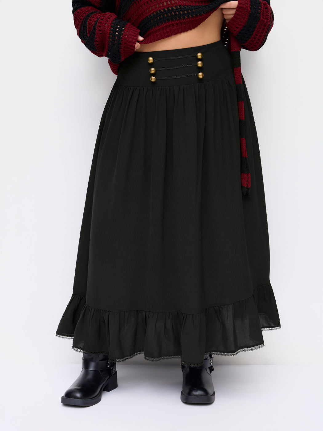 Mid Rise Solid Button Lace Up Ruffle Maxi Skirt Curve & Plus