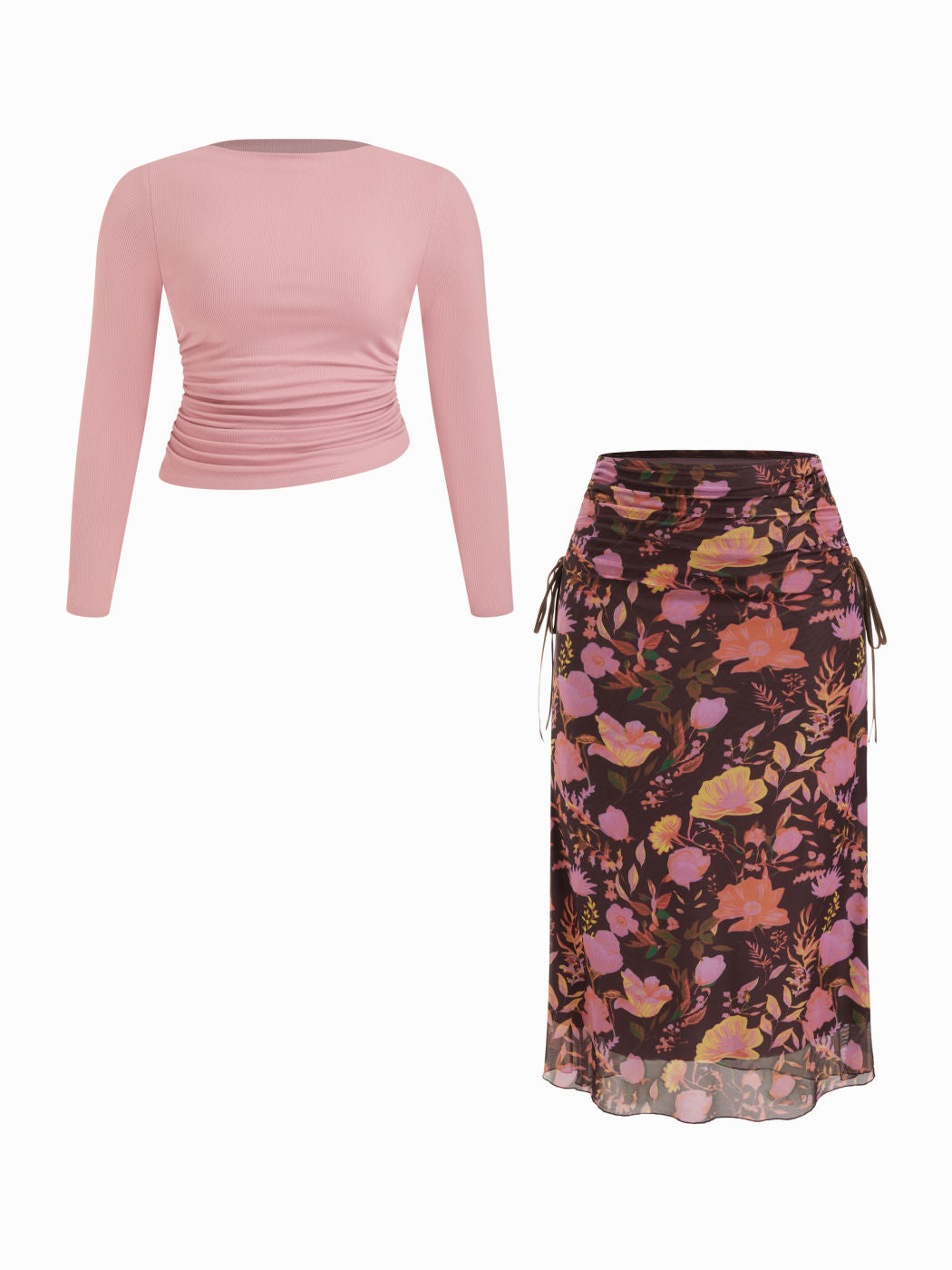 Round Neckline Ruched Long Sleeve Top & Mid Rise Floral Knotted Maxi Skirt Set Curve & Plus