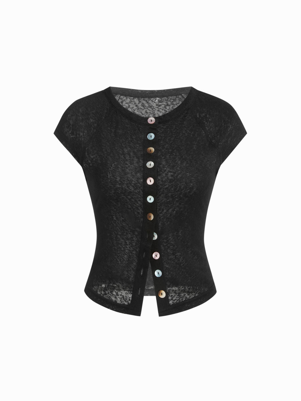 Round Neckline Short Sleeve See-through Button Front Blouse