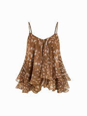 Chiffon Leopard Print V-neck Ruffle Hem knotted Layered Cami Top