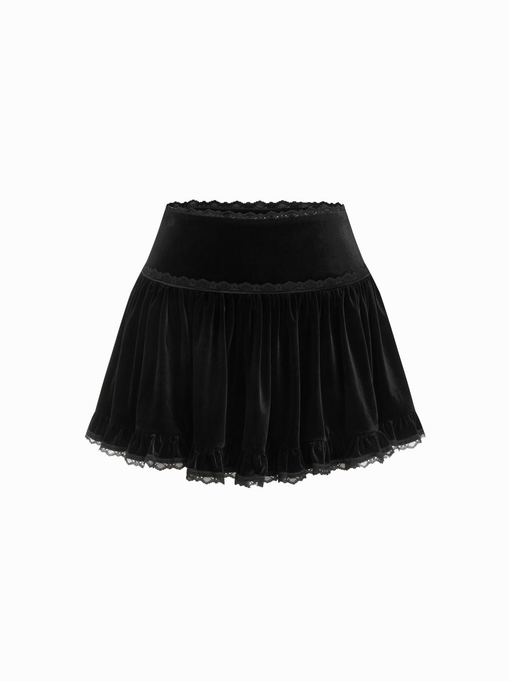Velvet Mid Rise Lace Trim Flared Mini Skort
