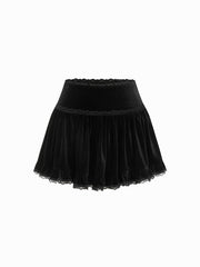 Velvet Mid Rise Lace Trim Flared Mini Skort