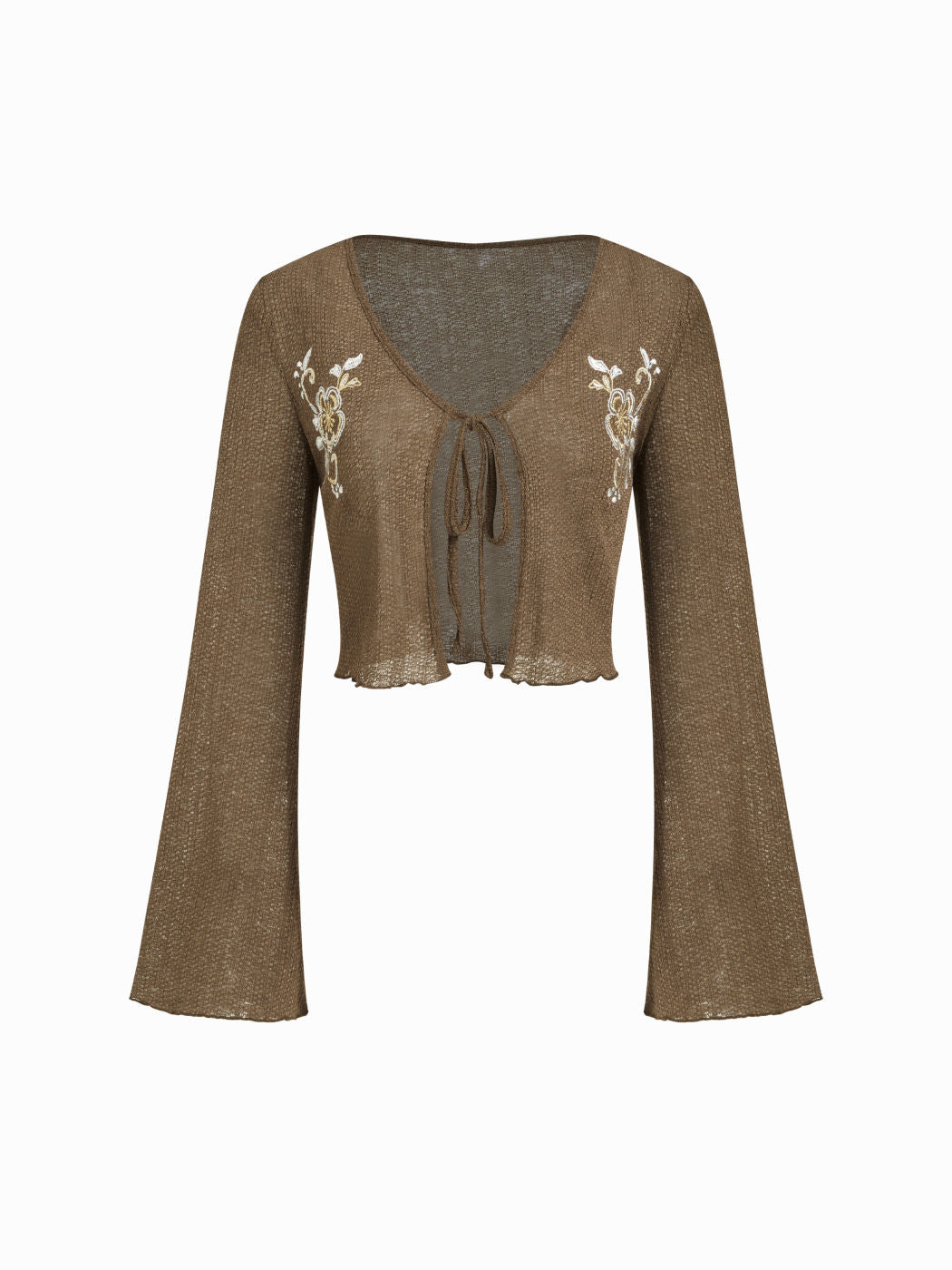 V-neck Floral Embroidery Tie Front Textured Top