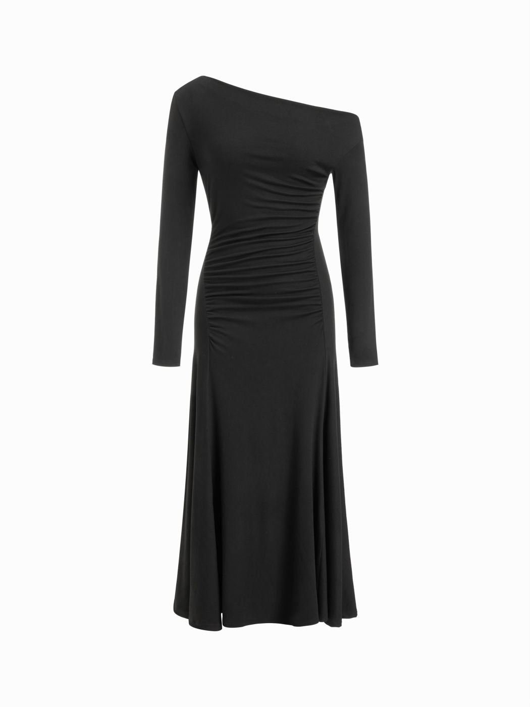 Asymmetrical Neck Ruched Long Sleeve Maxi Dress