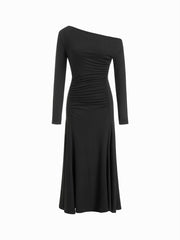 Asymmetrical Neck Ruched Long Sleeve Maxi Dress