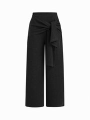 Mid Rise Elastic Waist Tie Front Wide Leg Trousers