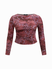 Velvet Boat Neck Floral Ruched Long Sleeve Top Curve & Plus