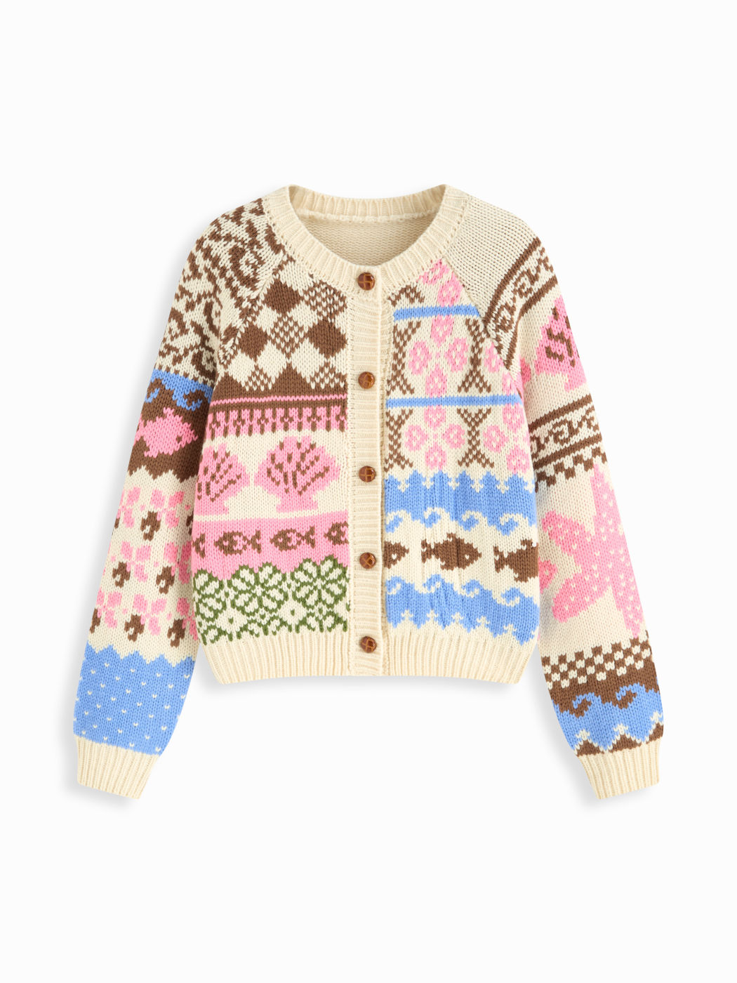 Knit Round Neck Fish Pattern Colorblock Button Oversized Cardigan